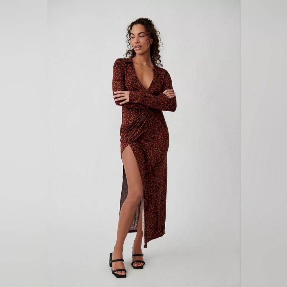Free People Shayla Wrap‎ Midi Dress Red Floral Print Women's